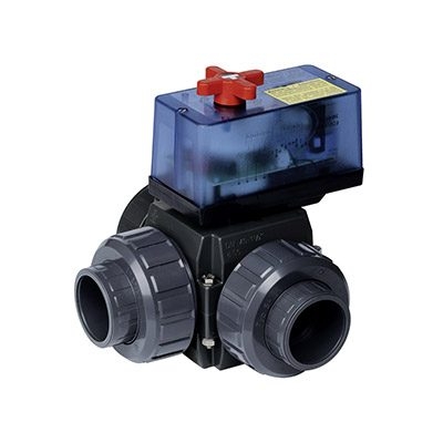 Кран шаровый S4 3W T-ball DN32  ПВХ, с электропривод. d40 PN3 EPDM tpe EO510 ECO 230VAC PRAHER