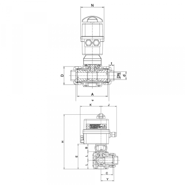 Кран  шаровый 3-х ходовой  из ПВХ d=40 S4 3W, T-образный, с электроприводом EO412, 12 В