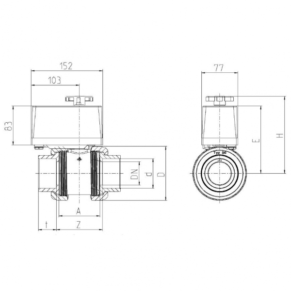 Кран шаровый S4 3W T-ball DN10  ПВХ, с электропривод d16 PN10 EPDM PTFE EO510 ECO 24VAC