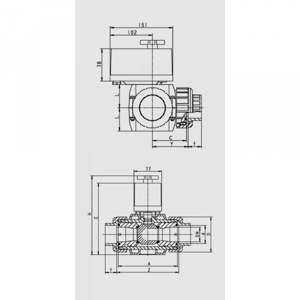 Кран шаровый S4 3W T-ball DN32  ПВХ, с электропривод. d40 PN3 EPDM tpe EO510 ECO 230VAC PRAHER